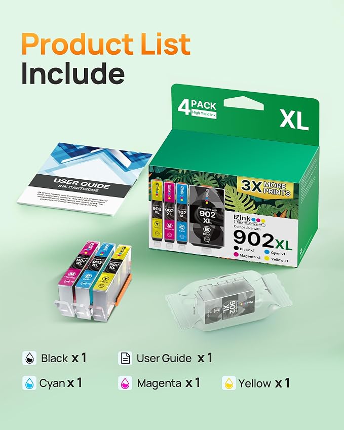 E-Z Ink Compatible for 902XL Ink Cartridges for HP Printers 902 902 XL | Replacement for HP 902XL Ink Cartridges Combo Pack 4 Pack for Officejet Pro 6978 6968 6960 6970 Officejet 6951 6954 6956 6958