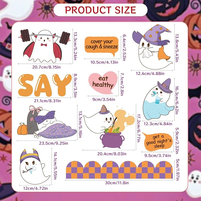 Wxiben Halloween Ghost School Nurse Bulletin Board Classroom Decorations | Pumpkin Bat Paper Cutouts Set for School Chalkboard, Pastel Office Wall Decor Supplies