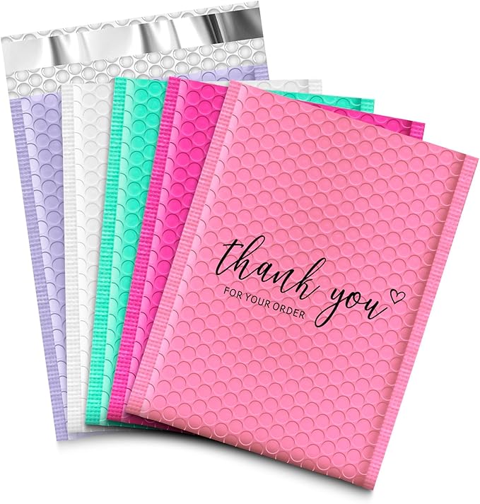 JinRuiKJ Multicolored1 Bubble Mailers 4x8" 50 Pack, Padded Envelopes, Cushioning Padded Shipping Envelopes for Jewelry, Makeup - Pink, White, Green, Purple, Rose Red
