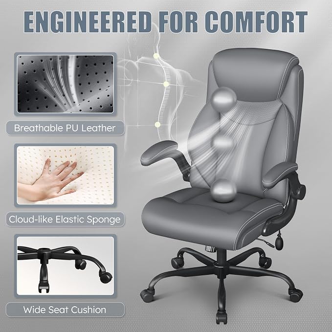 Ergonomic Office Chair, Big and Tall Office Chair, Executive Chair- Padded Leather Comfy Chair with Adjustable Lumbar Support & Flip-Up Arms, Rocking Swivel Chair for Home Office,Gray