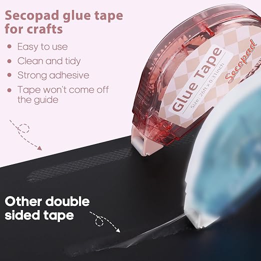 Secopad Scrapbook Tape, Glue Tape for Crafts, 8 Pack, Light-Colored Shell | 0.3IN x 26FT, Sticky & Safe, Double Sided Tape for Crafts, Scrapbooking Junk Journaling Supplies, For School Office Teachers