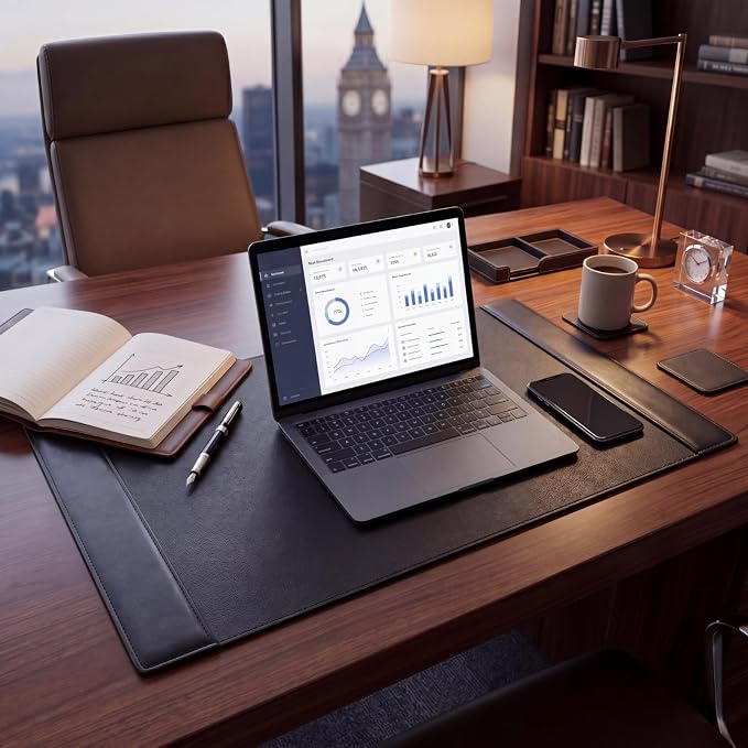26.5 x 17.3 Inch Leather Desk Pad with Side Rails Mat, Black | Executive Office Desk Mat, Smooth Writing Surface, Desktop Protector Covers Mouse Keyboard, Elegant Gift, Men Dad Husband