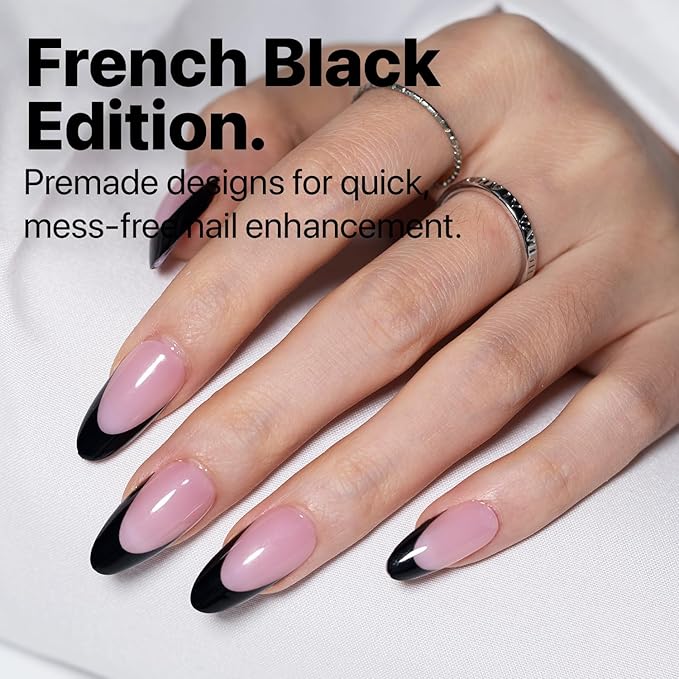 SXC Cosmetics French Tip Press On Nails 150 Pieces in 15 Sizes Ultra Fit with Pre-applied Tip Primer and Base Coat, No Need to File Fake Nails for Nail Art DIY X-Pro Tips (BLACK115-M Almond)