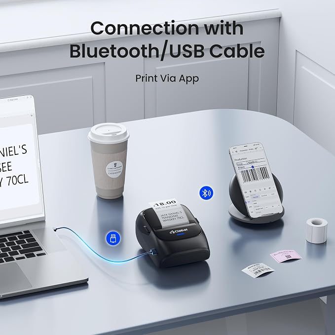 CLABEL 221B 2" Bluetooth Thermal Label Printer with 3 Label Rolls, Black | No RFID Lock, Inkless Barcode Label maker Machine with Tape, Portable, iOS Android Compatible, Small Business, Office, Home