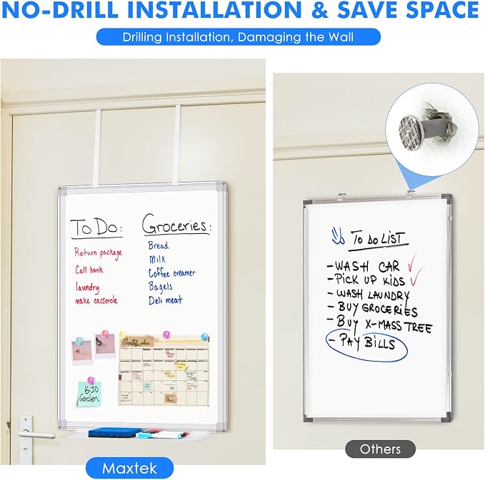 Maxtek Magnetic Dry Erase Board for Door 30 x 20 in | No-Drill Adjustable Long Arm Hook Mount, Portable Hanging Whiteboard For Home, Dorm, Office, Cubicle And Small Spaces