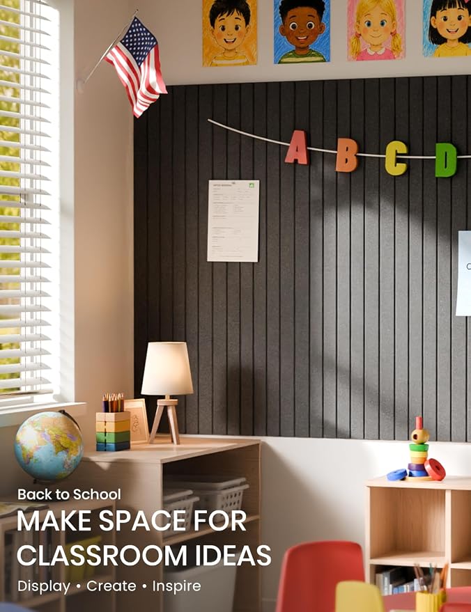 28" x 18" Felt Bulletin Board Tiles, Fine Stripe, Charcoal Gray | 6-Pack Cork Board Alternative, 30 Adhesive Tabs, Push Pin Board, Wall Decor, Office, Home, Classroom, Dorm