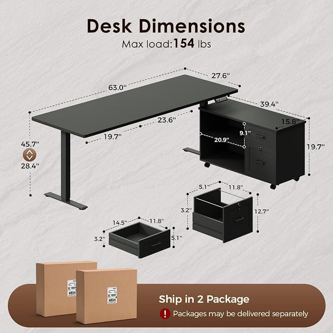 63 Inch L Shaped Electric Standing Desk with Cabinet Sets, Black | Mobile Drawers & File Cabinet Sets for Flexible Layout, Height Adjustable Executive Stand Up Desk for Home Office Workstation