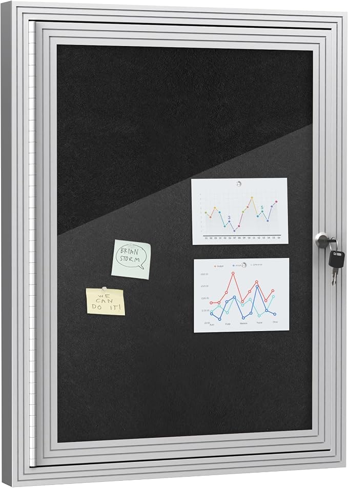 Mifuro 26"x20" Enclosed Bulletin Board, Outdoor Lockable Weather-Resistant Aluminum Cork Noticeboard for School & Office, Silver Frame w/Black Flet