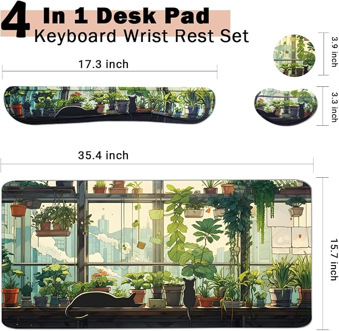 Kawaii Large Mouse Pad, 4 in1 Kawaii Extended Mouse Pad Set Desk Pad Easy Typing for Typing Office Game 35.4 x15.7 in - Cute Cat