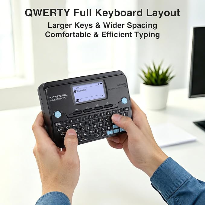 SUPVAN E12 Keyboard & Bluetooth Label Maker Machine, Black | Rechargeable, LCD Backlit Display, App with 30+ Fonts & 660+ Icons, Minimal Margin, Inkless, for School, Office, Home