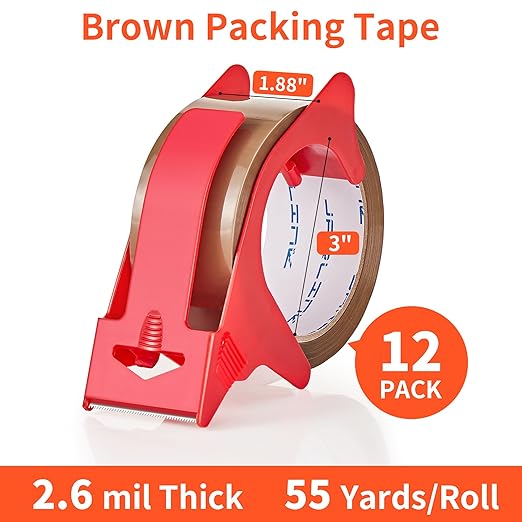 JARLINK 12 Rolls Brown Packing Tape with Dispenser, Heavy Duty Packaging Tape Refills for Shipping Packaging Mailing, 2.6mil Thick, 1.88 inches Wide, 55 Yards Per Roll, 660 Total Yards
