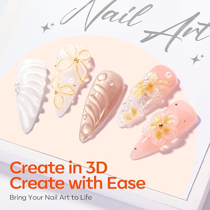 modelones 3D Gel Nail Art, 2Pcs Clear Gold Sculpting Gel Nail Glue for Nail Charms Gems Chrome Nail Powder Rhinestone No Wipe Molding Nail Art DIY Home for Drawing Designs