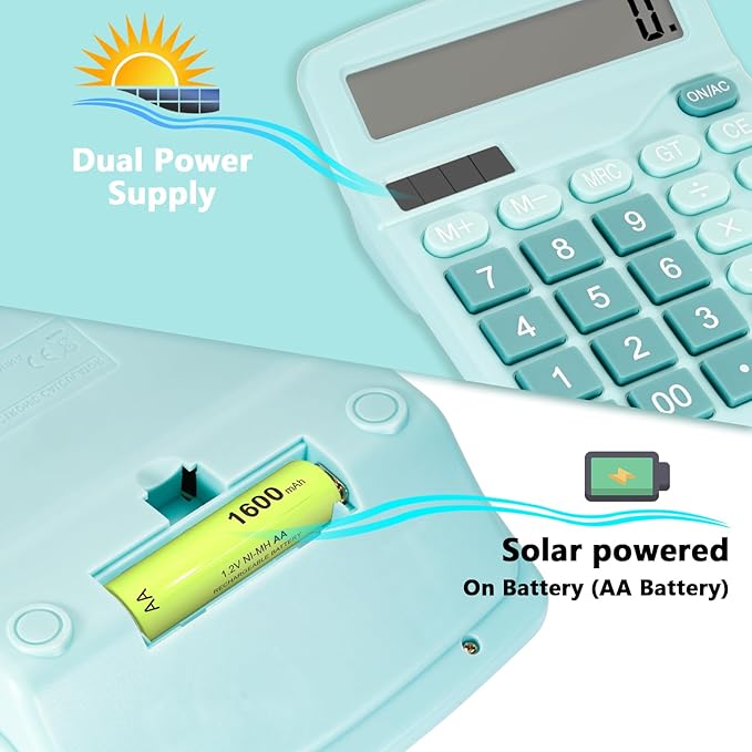 Cute Light Blue Desktop Calculator with Big Buttons, Dual Power Source, Solar and Battery, Large Display Screen - Perfect for Office, Teachers, and Students (Light Blue)