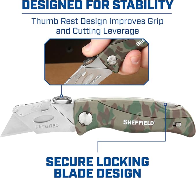 Sheffield 12131 Utility Knife & 5 Utility Knife Blade Storage Compartment | Utility Knife Accepts Standard Utility Blades For Home, Office, Trades, and Warehouse