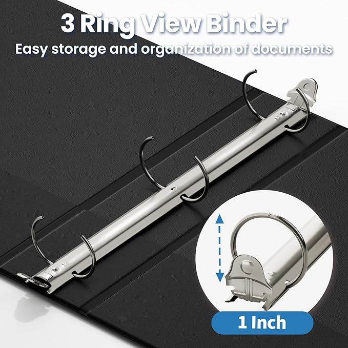 SUNEE 1 Inch Binders 3 Ring 8 Pack Bulk, PVC-Free Clear View 1" Binders (Fits 8.5x11 Inches) for School, Office & Home Use, Black