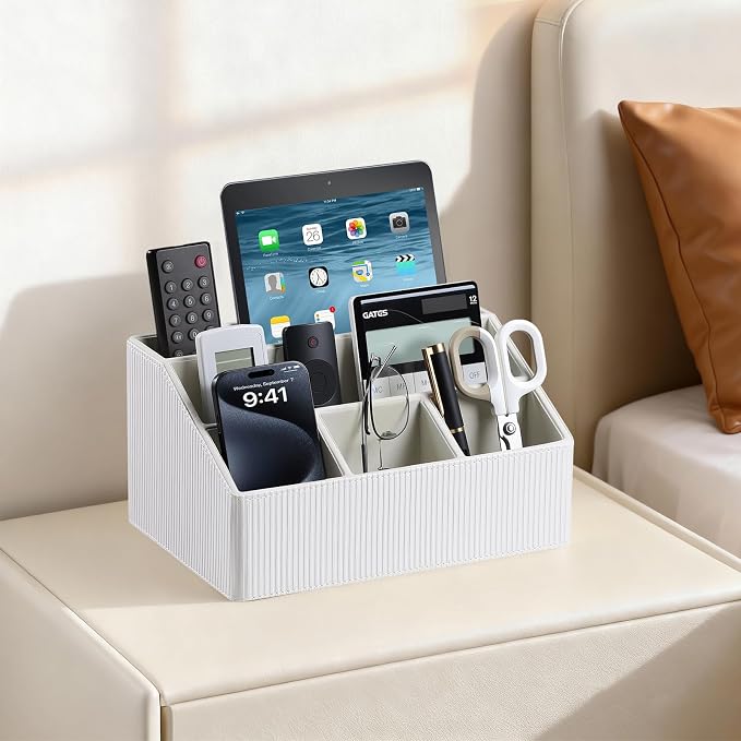 PU Leather Desk Organizer, Remote Control Holder, Ivory | Luxury Nightstand Organizer for Home, Office Desk Accessories, Bedside Table Caddy with 5 Compartments, Velvet Lining