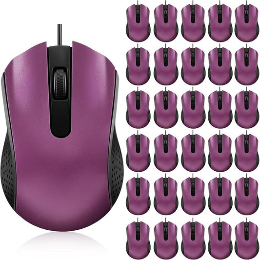 Bonuci 30 Pack USB Wired Mouse 3 Button Corded Computer Mice Bulk USB Mouse for PC Desktop, Laptop, Office, School, Classroom Use(Purple)