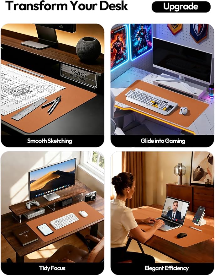 YSAGi Leather Desk Protector, Office Mat, Large Mouse Mat, Non-Slip PU Leather Blotter, Laptop Desk Pad, Waterproof Writing Pad for Office and Home (Brown, 47.2" x 23.6")