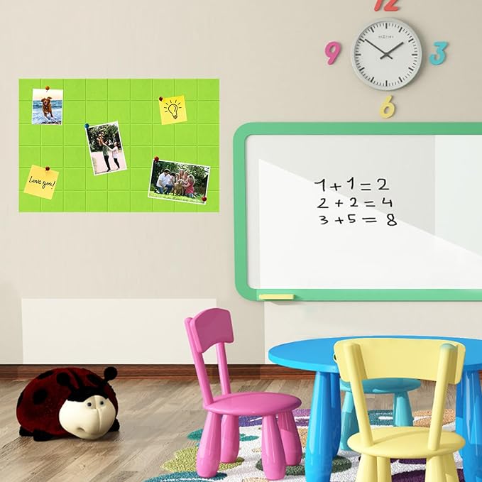 Large Square Felt Cork Board Tiles, Self Adhesive DIY Felt Bulletin Board with 35 Pushpins for Office School Home Wall Decor Stickers Memos (Bright Green)