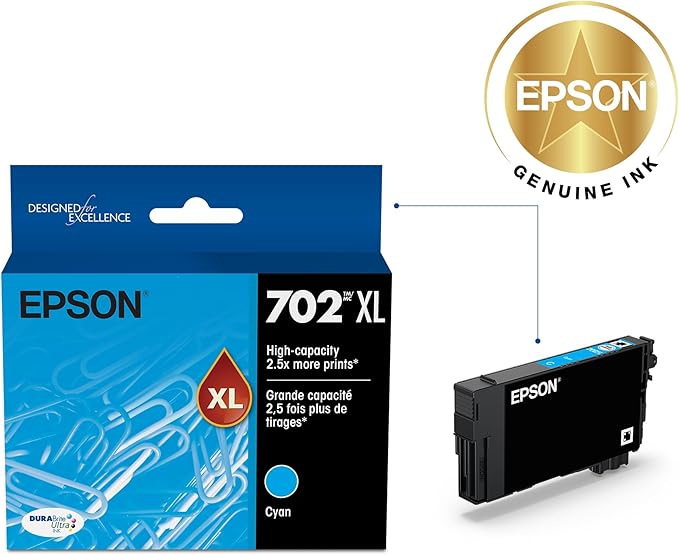 EPSON 702 DURABrite Ultra Ink High Capacity Cyan Cartridge (T702XL220-S) Works with WorkForce Pro WF-3720, 3730, 3733