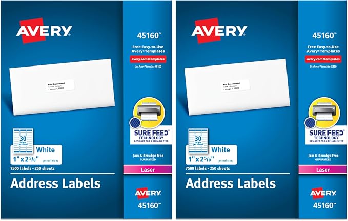 Avery Easy Peel Printable Address Labels with Sure Feed, 1" x 2-5/8" Customizable Stickers, White, 7,500 Blank Mailing Labels, Great for Mailing, Shipping, and More (45160) (Pack of 2)