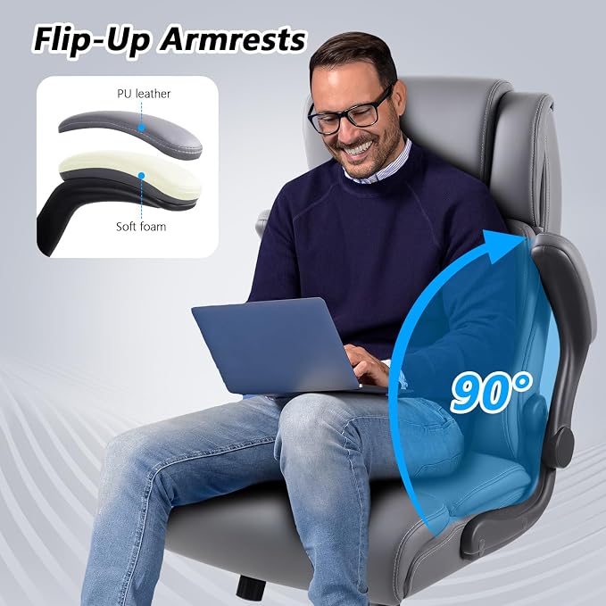 Office Chair, 400LBS Heavy Duty Big and Tall Executive Office Desk Chair with Flip-up Arms, Ergonomic High Back Office Chairs with Lumbar Support, PU Leather, Grey