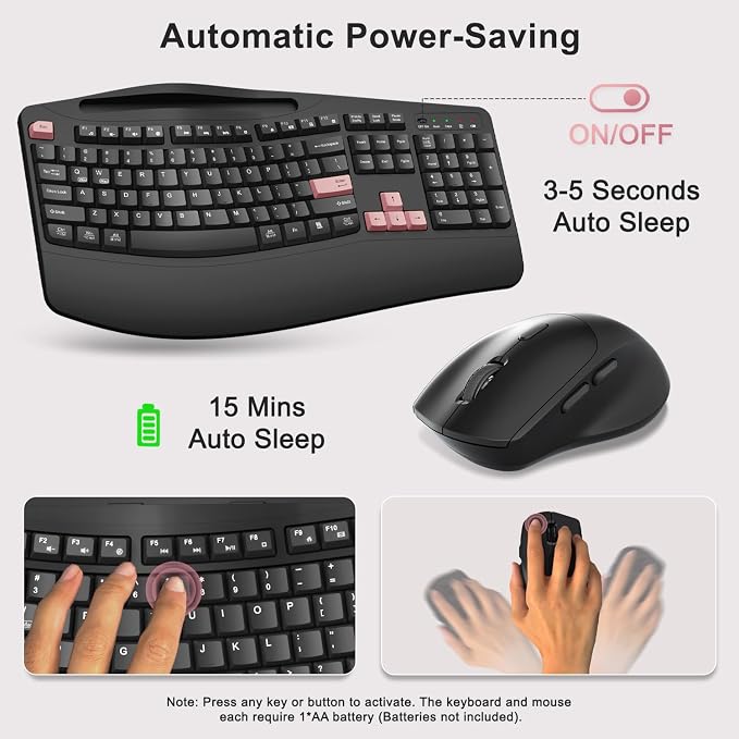 Wireless Keyboard and Mouse Combo, Full Size Ergonomic Wave Keys(Pink-B) | 2.4G Ergonomic Keyboard with Wrist Rest, Phone Holder, 3-Level DPI Silent Mouse with 6-Buttons, for Windows/Mac OS/Laptop/PC
