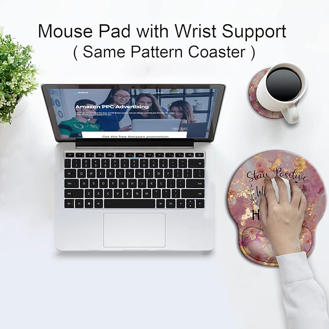 Ergonomic Mouse Pad with Wrist Support Rest,Large Mousepad Gel Wrist Rest, with Coaster Non-Slip & Pain Relief for Computer, Desk, Home&Office-Stay Positive