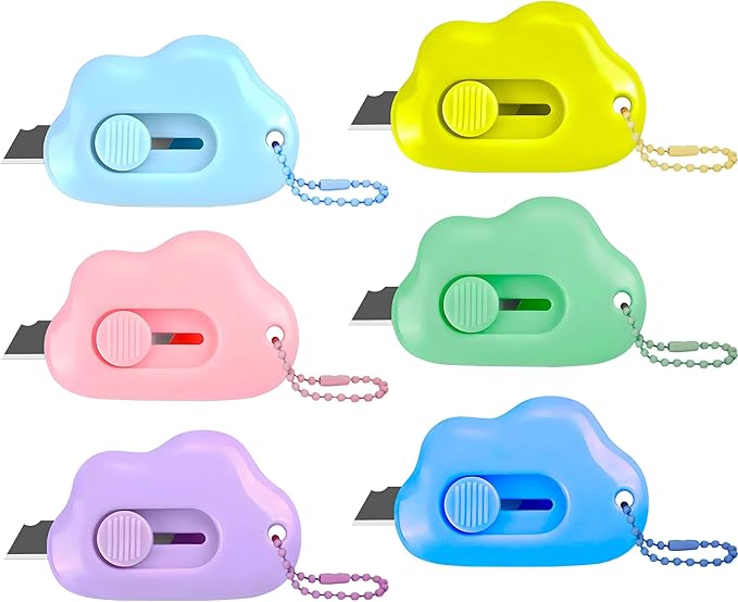 Cloud Shaped Retractable Box Cutter Set - 6 Pack with Key Rings,Stainless Steel Blade,Safe & Portable Letter Opener for Envelopes,Package,Mail,DIY,Paper Cutter for Home,Office,Outdoor (6 Color)