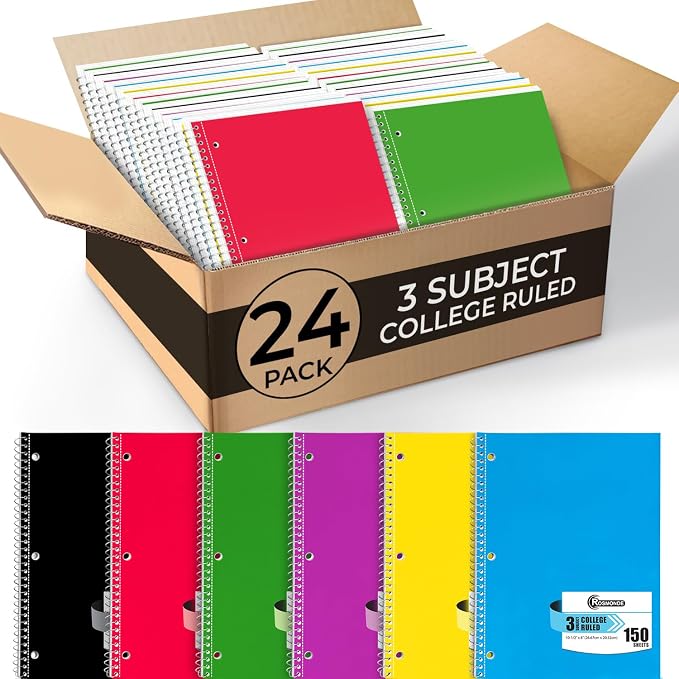 24 Pack 3 Subject Spiral Notebook College Ruled Bulk, 300 Pages | Thick No-Bleed Paper, 300 Pages (150 Sheets), 8 x 10-1/2", 3 Hole Punched, Bulk Spiral Journal for School, Bulk Notebooks