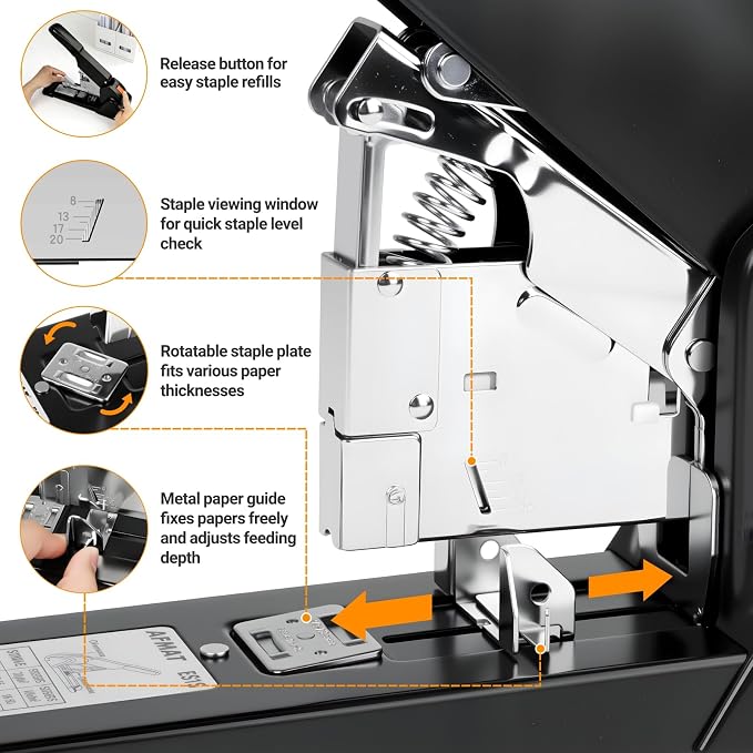 AFMAT Heavy Duty Stapler, 210 Sheet Staplers for Desk with 7000 Staples, Jam-Free, 50000+ Uses, 60% Reduced Effort, Easy Reload, Adjustable Paper Guide, Large Metal Manual Office Staplers, ES15