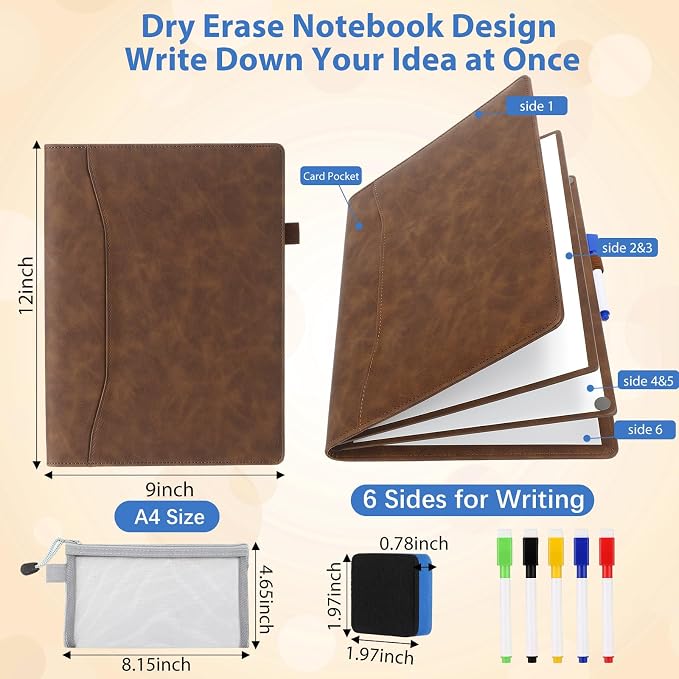 Feifeiya 6 Sides Dry Erase Notebook, Brown, A4 9" X 12" | Portable Reusable Whiteboard Notepad 6 Side Foldable Dry Erase White Board for Planner Office Study Business Meeting Supplies