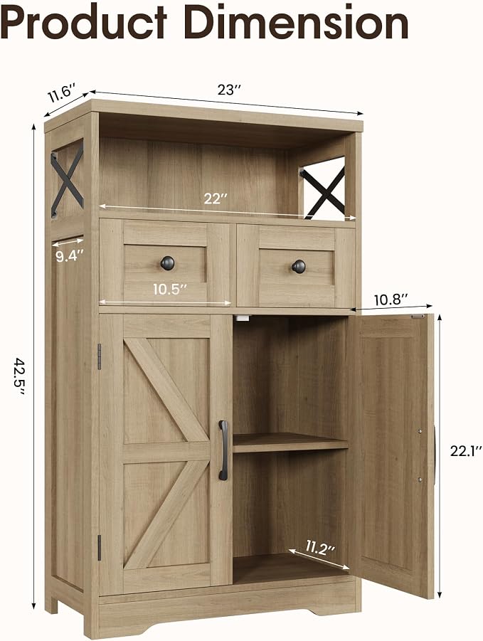 Farmhouse Storage Cabinet Set of 2, Small Kitchen Pantry Coffee Bar Cabinet | Accent Buffet Cabinet Cupboard, 2 Drawers, Barn Doors & Adjustable Shelves, for Kitchen/Entryway/Bathroom, Natural Wood