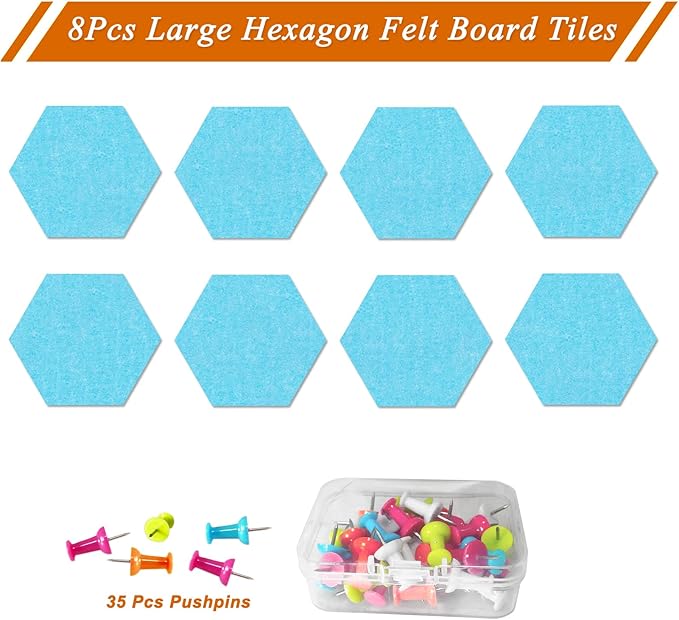 Large Hexagon Felt Cork Board Tiles, Self Adhesive DIY Felt Bulletin Board Pin Board with 35 Pushpins for Office School Home Wall Decor Stickers Memos Photos Display(Sky Blue)
