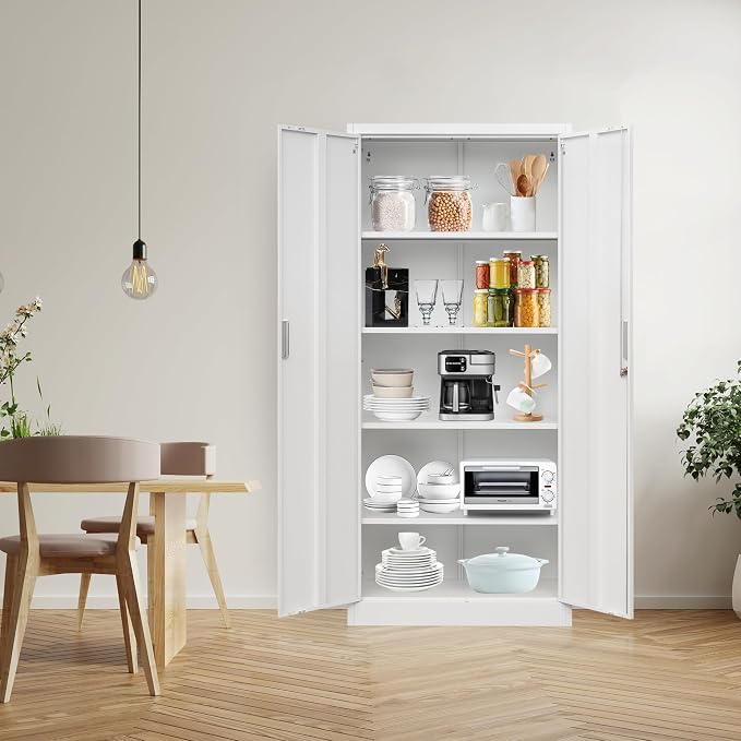 Wanfu Metal Storage Cabinet, 71”H Locking Storage Cabinet with 5 Adjustable Shelves, Steel Cabinets for Garage, Home, Office, Pantry (White)