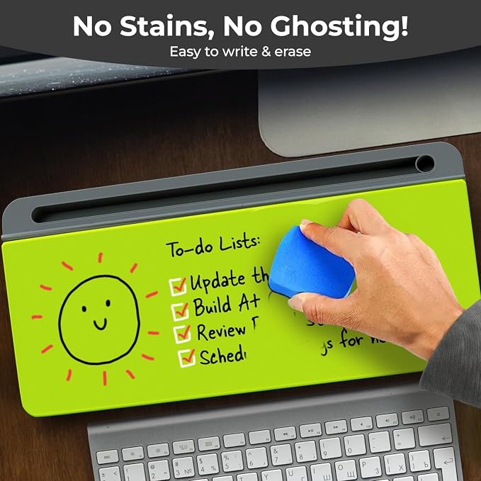 Chalkola Neon Green Glass Desktop Whiteboard with Storage - Dry Erase Board | Work Desk Organizers, Computer Keyboard Stand, Home Office Desk Accessories, Workspace Desk Board Buddy + 3 Markers