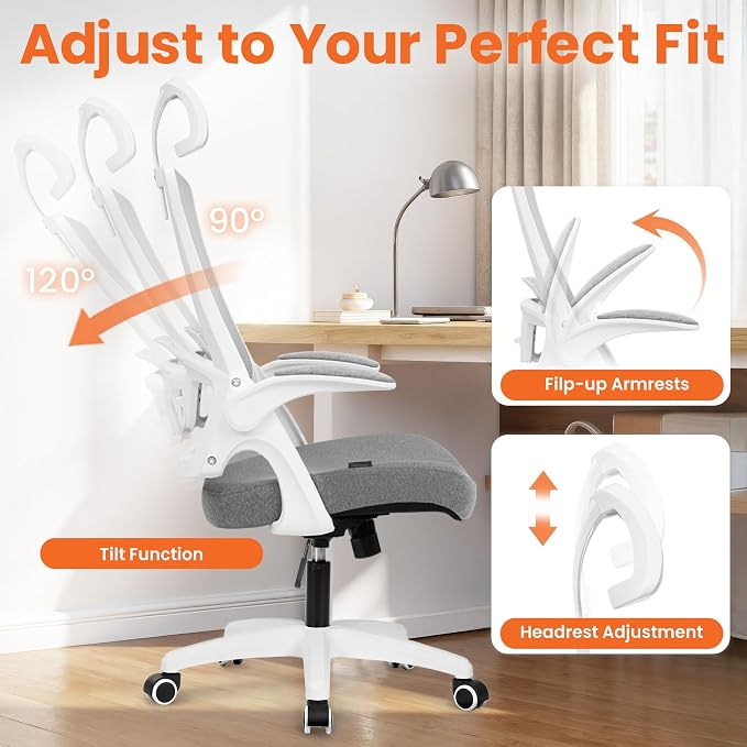 NEO CHAIR Office Desk Chair with Ergonomic High Back Mesh Headrest, Grey | Adjustable Headrest and Lumbar Support with Flip-Up Armrests Designed for Extended Sitting Comfort While Saving Space