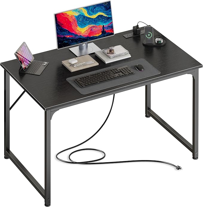 40 X 24 Inch Deeper Desk with Power Outlets | Small Computer Desk for Bedroom, Office Desk for Work from Home, Writing Study Gaming Table, Stable Metal Frame, Black