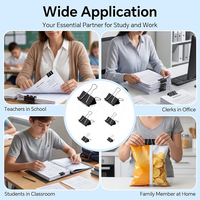 228 PCS Binder Clips Assorted Sizes, Extra Large Medium Small Mini and Micro, Metal Paper Binder Clip Black,Paper Clamps, 6 Sizes for Office Supplies, School and Home