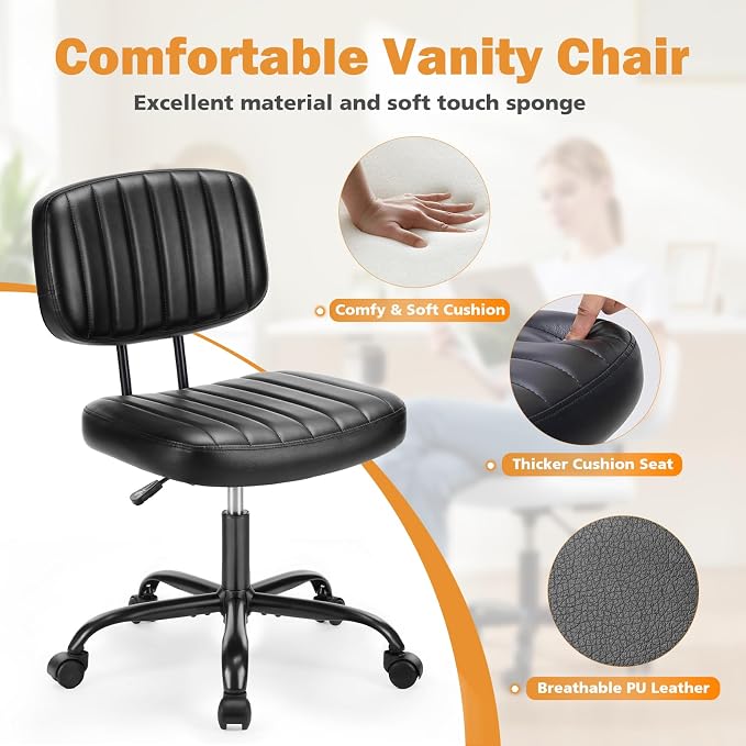 Sweetcrispy Office Desk Chair, Small Home Vanity Chair, Lumbar Support | Armless PU Leather, Height Adjustable Rolling Swivel Task, Bedroom Home Student, Black