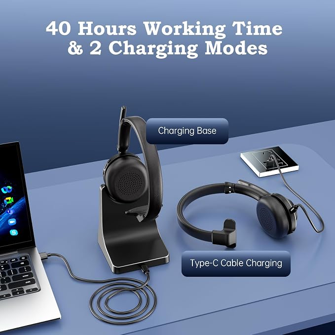 Bluetooth Wireless Headset with Mic for Work, Advanced Noise Reduction Microphone, Clear Calls - Comfortable On-Ear Headphones, Bluetooth 5.3, Applicable to Laptop, PC, Zoom, Office, Phone