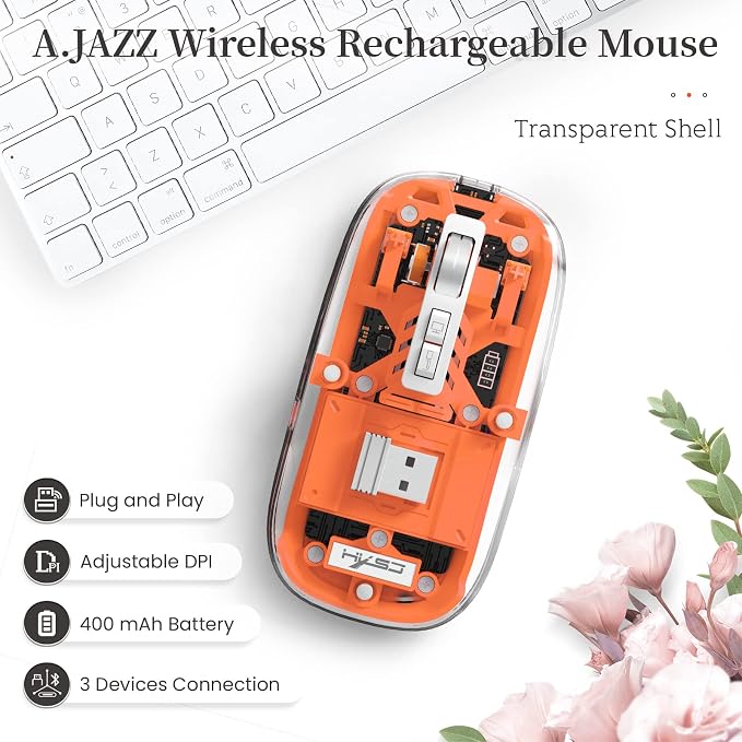 AJAZZ Wireless Bluetooth5.1&2.4G Mini Lightweight Mouse,Transparent Clear Cool,Rechargeable Silent Computer Mice,Nano USB C Receiver,LED Battery Magic Silm for Office/PC/Mac/Laptop/Apple/ipad(Orange)