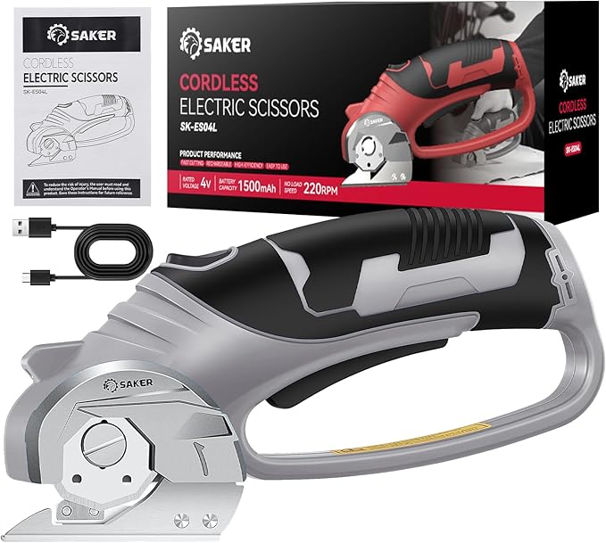 Saker Box Cutter Electric Cordless: Card board Cutter Scissors for Fabric Leather Paper Plastic - Cardboard Cutting Tool with 4V Recharged Battery - Safety Lock and LED Light for Cutting,Grey