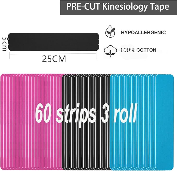 Kinesiology Tape Pro Athletic Sports (3 Rolls,60 Precut Strips) Waterproof Breathable Latex Free Tape for Ankle Wrists Knees Elastic Running Tennis Swimming Football Sports Activities Tapes (Mix)