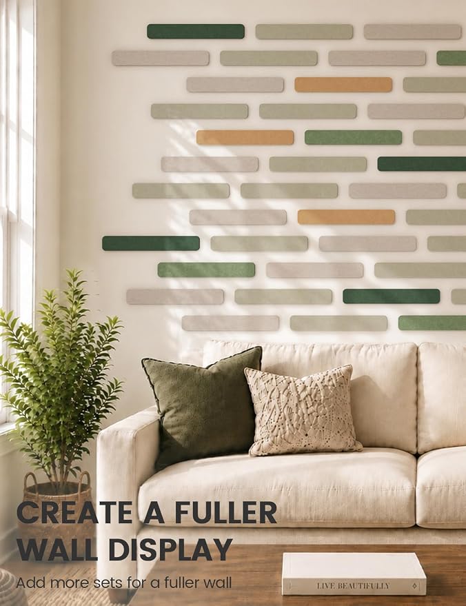 Fluxynara 13" x 2" Felt Wall Panels, Moss Glimmer | 8-Pack Includes 50 Push Pins and Adhesive Tabs for Photos, Notes and Decor in Bedroom Doors, Home Office or Studios