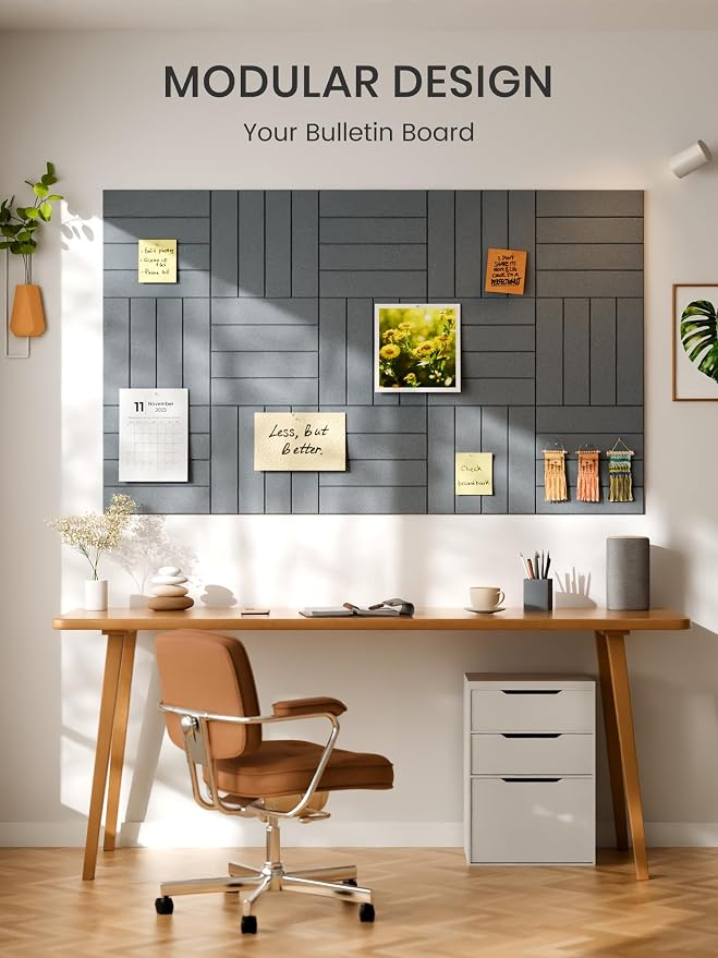 Bumusty 48"x 36" Large Felt Bulletin Board Tiles, Blue Gray | 12-Pack Cork Board Alternative, Wall Decor, 30 Pushpins, 60 Adhesive Tabs, Vision Board, Office, Classroom, Home, Dorm