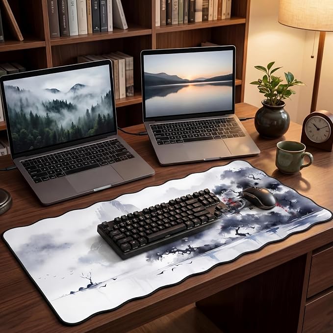 Kingdder Scalloped Japanese Desk Mat Large Aesthetic Ink Mouse Pad 31.5" x 15.7" Chinoiserie Nonslip Rubber Base Keyboard Pad for Laptop Gaming Office Computer Dorm Home