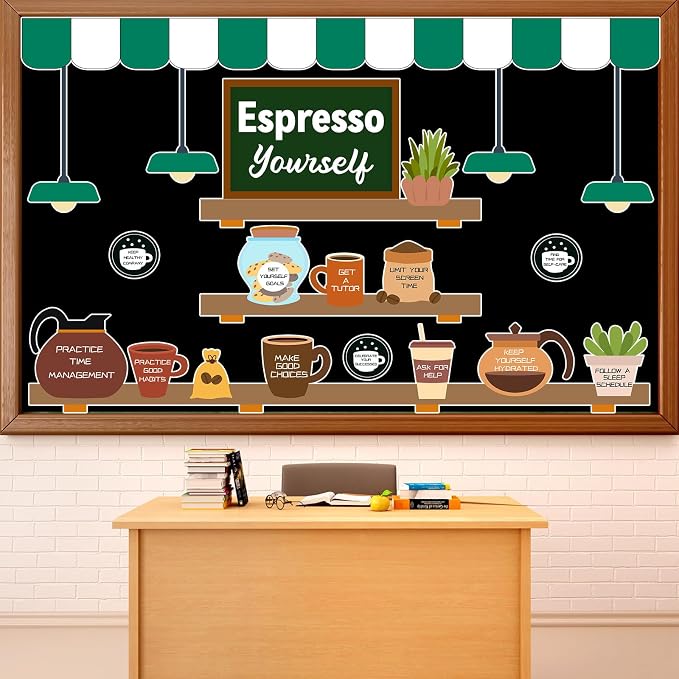 Coffee Bulletin Board Set Mental Health Classroom Bulletin Board Decorations Coffee Shop Motivational Cutouts Classroom Decorations for Back to School Office Home Chalkboard Decor Wall Door