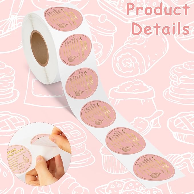 PANTIDE Food Allergy Notice Stickers - 500 Count Allergen Warning Label Gold Foil Adhesive Round Decal Roll, Food Alert Safety for Restaurant Home Kitchen Bakery Cake Shop (2 x 2 Inch, Pink)