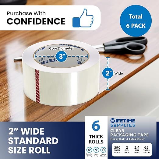 Lifetime Supplies 36 Rolls [Upgraded] Clear Premium Packing Tape, 65 Yards, 2.2 mil, Heavy Duty Packaging Tape for Shipping, Moving, Sealing - Stronger & Thicker